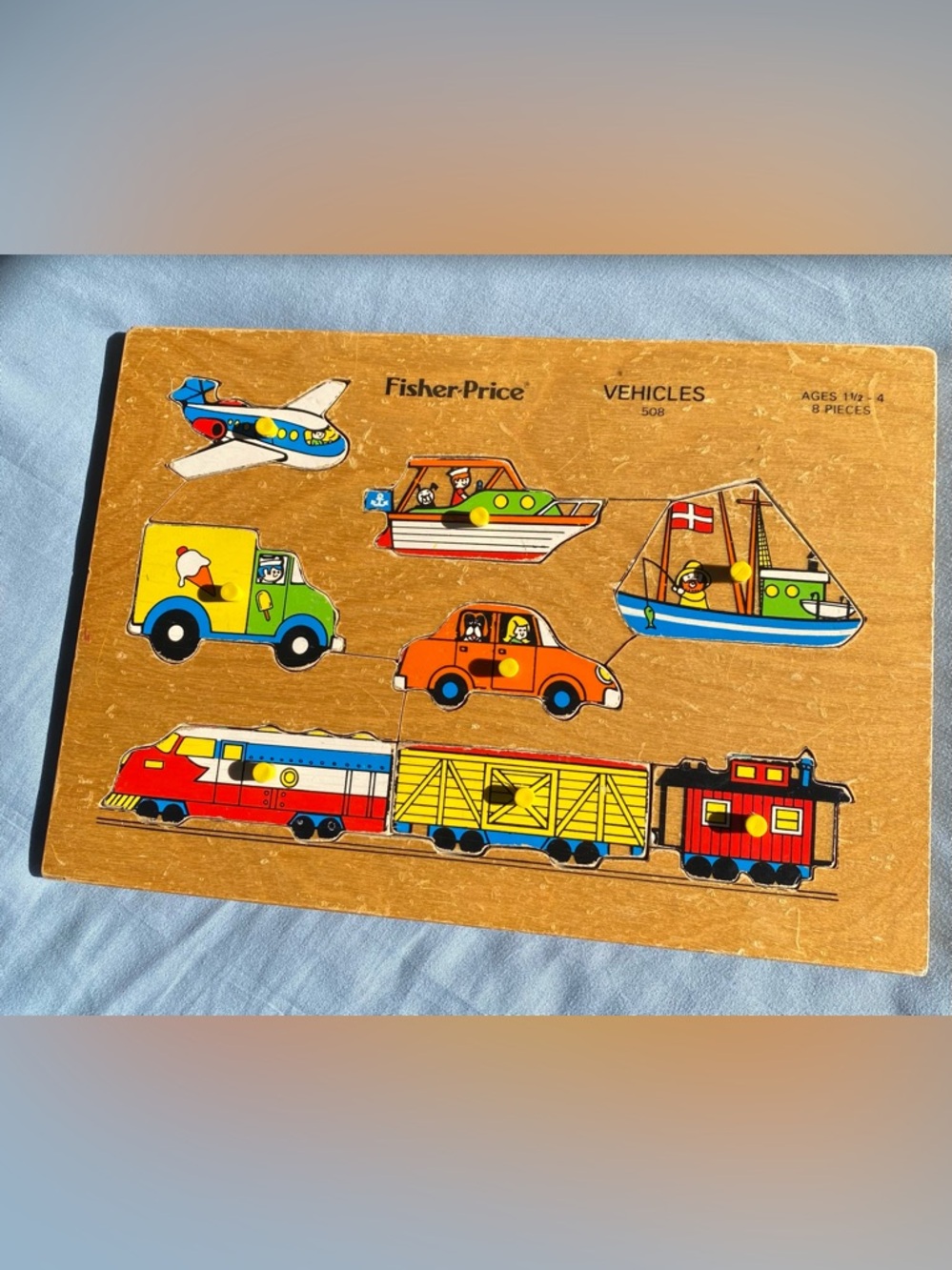 Vintage 70s Fisher-Price “ Vehicles “ Wooden Frame Tray Puzzle 8.5”x11.5”